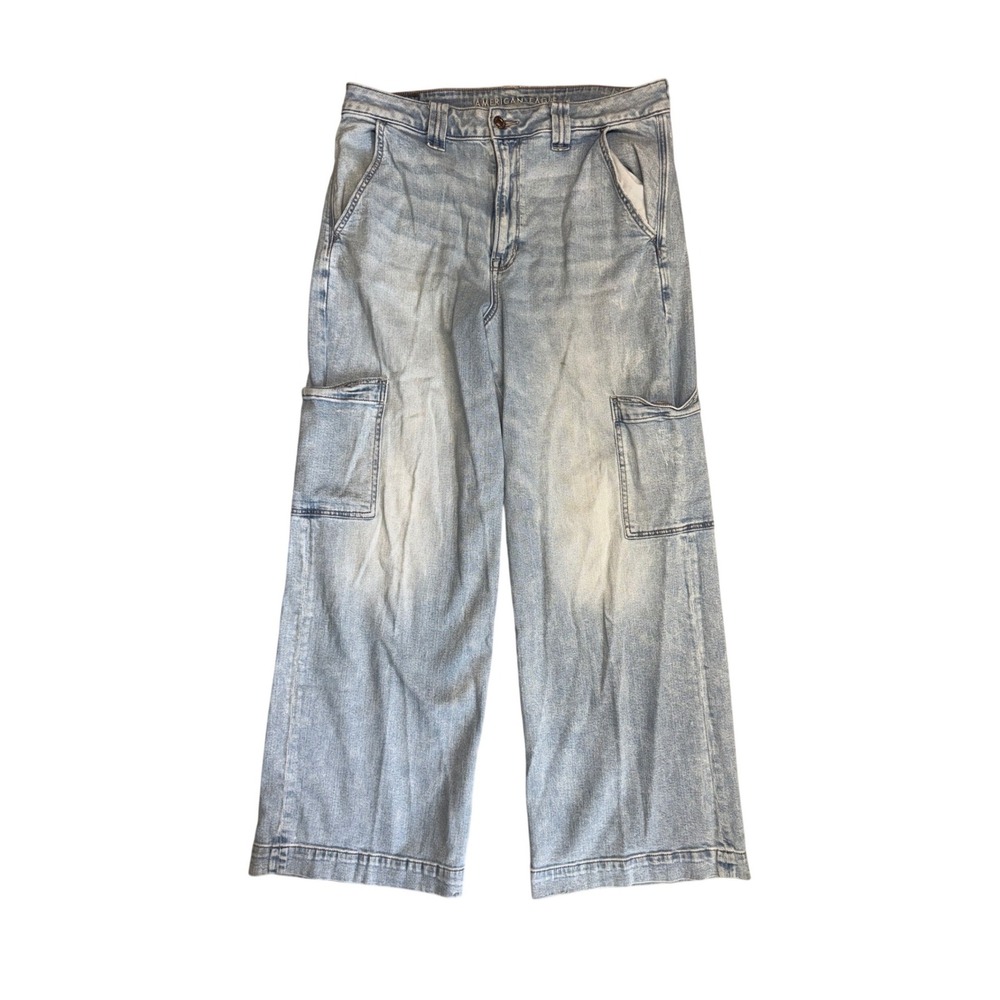American Eagle Super High-Rise Baggy Wide Leg Cargo Jeans Light Size 12 Regular - Picture 1 of 12